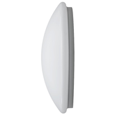 Profilansicht der runden Wand- und Deckenleuchte SFERIQ 17 mit einem markant gewölbten, weißen Diffusor und schmalem grauem Sockel vor weißem Hintergrund.