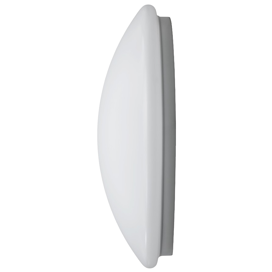 Profilansicht der runden Wand- und Deckenleuchte SFERIQ 17 mit einem markant gewölbten, weißen Diffusor und schmalem grauem Sockel vor weißem Hintergrund.
