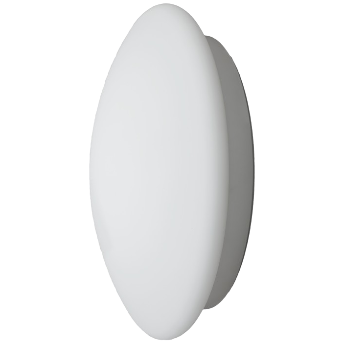 runde SFERIQ 22 Aufbauleuchte für Wand oder Decke aus mattweißem Opalglas und grauem Unterteil, dargestellt in einer Dreiviertelansicht auf weißem Hintergrund.