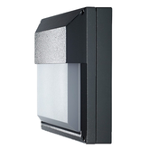 Seitenansicht der quadratischen Wandleuchte SFERIQ 31 für den Innen- und Außenbereich in weiss, mit robustem Aluminiumgehäuse und nach unten gerichtetem Lichtaustritt.