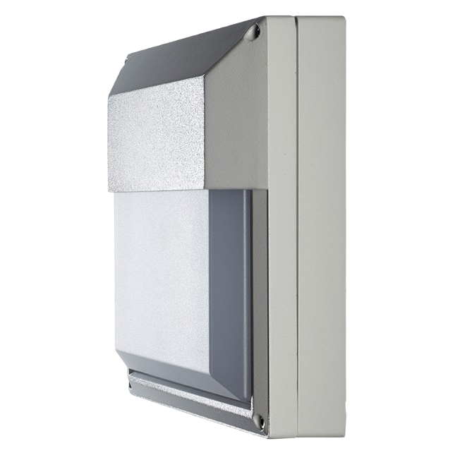 Seitenansicht der quadratischen Wandleuchte SFERIQ 31 für den Innen- und Außenbereich in weiss, mit robustem Aluminiumgehäuse und nach unten gerichtetem Lichtaustritt.